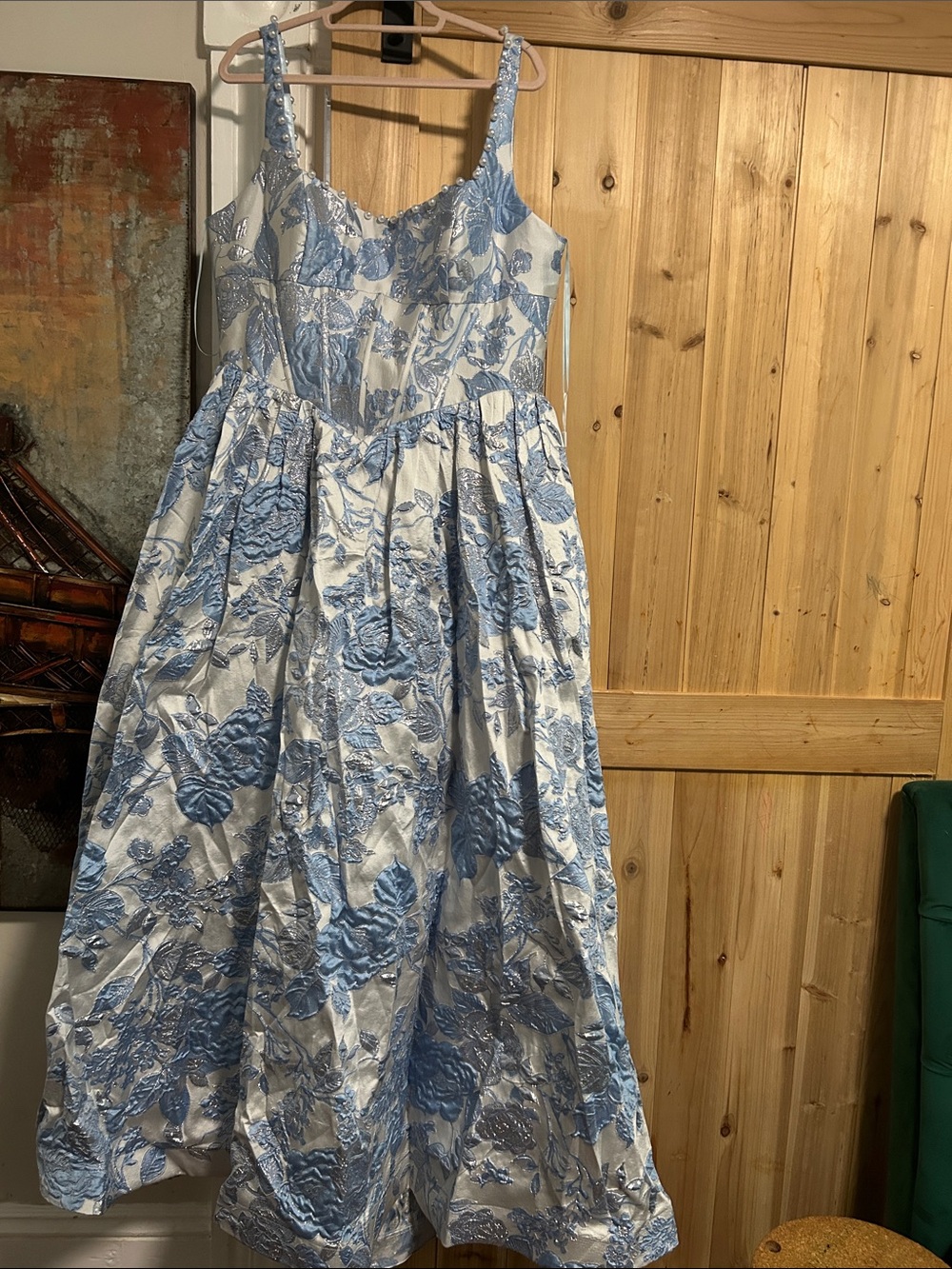 Blue and White Floral Jacquard A-Line Ball Gown with Pearl detail